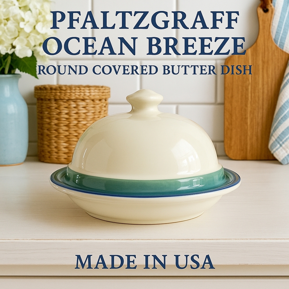 VTG Pfaltzgraff Ocean Breeze Round Covered Butter Dish – Made in USA, 90s